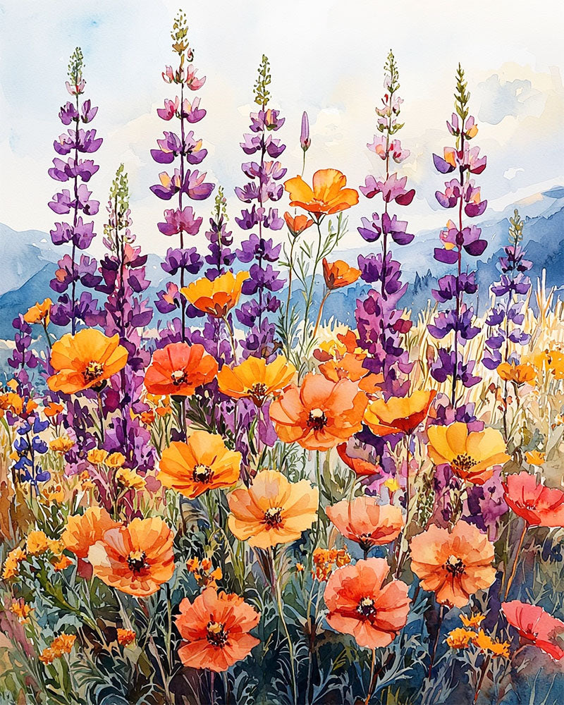 Sea of Flowers in Purple - Orange - Paint by Numbers