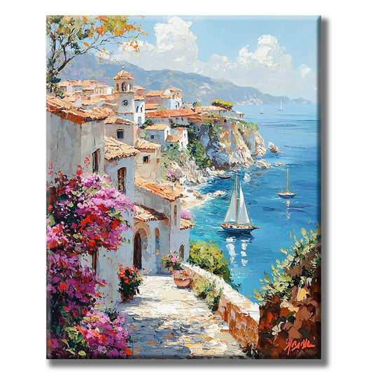 Coastal idyll with sailboats - paint by numbers