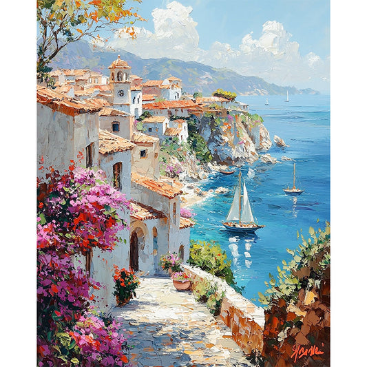 Coastal idyll with sailboats - paint by numbers