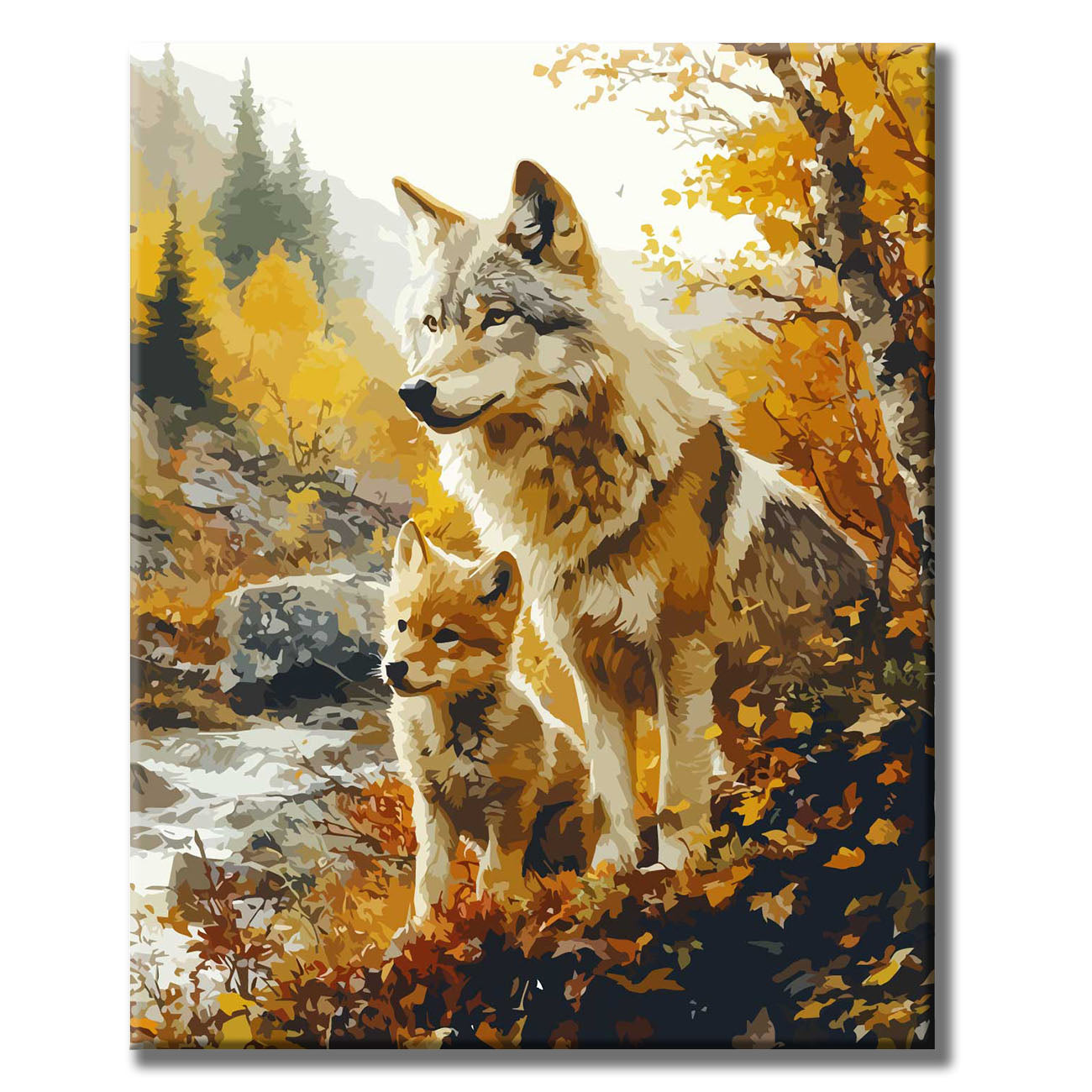 Father - Wolf and Cub in Autumn Leaves - Paint by Numbers