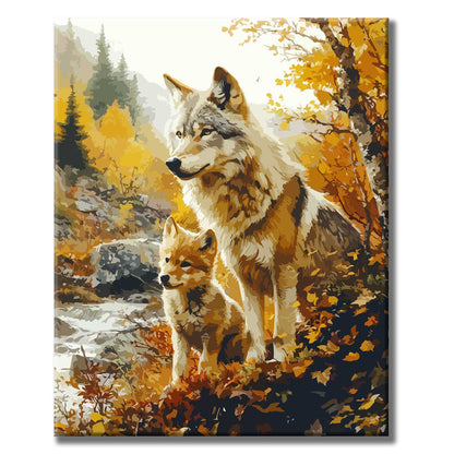 Father - Wolf and Cub in Autumn Leaves - Paint by Numbers