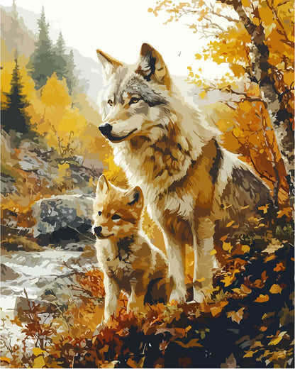 Father - Wolf and Cub in Autumn Leaves - Paint by Numbers